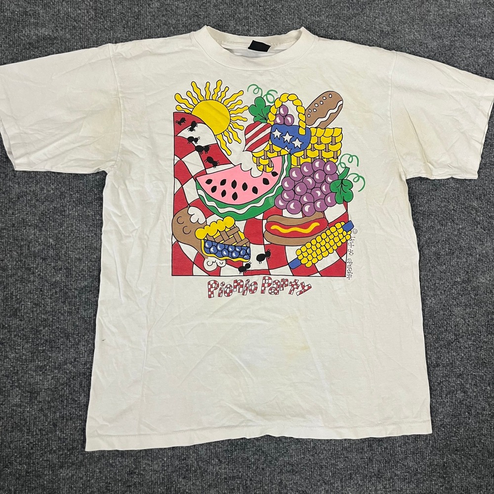 Alore T-Shirt Mens Size L White Picnic Party Graphic Food Art Vintage Distressed